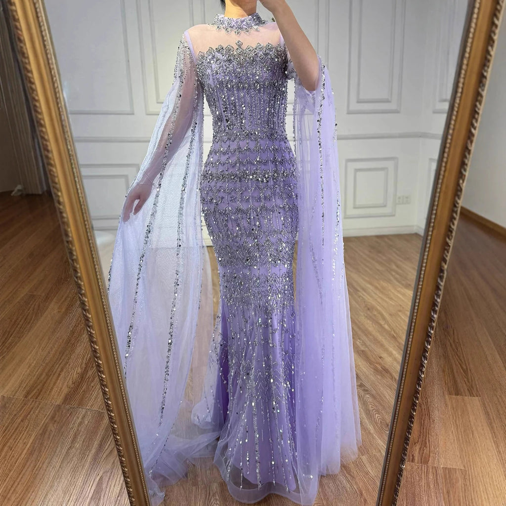 Blue Beaded Evening Dress With Cape Sleeves Custom Formal Gown For Women