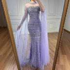 Blue Beaded Evening Dress With Cape Sleeves Custom Formal Gown For Women