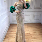 Luxury Pearl Beaded Evening Dress Elegant Puff Sleeves Custom Gown