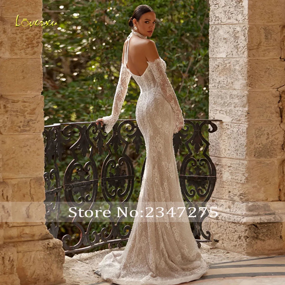 Loverxu Custom Mermaid Wedding Dress With Lace And Beaded Pearls