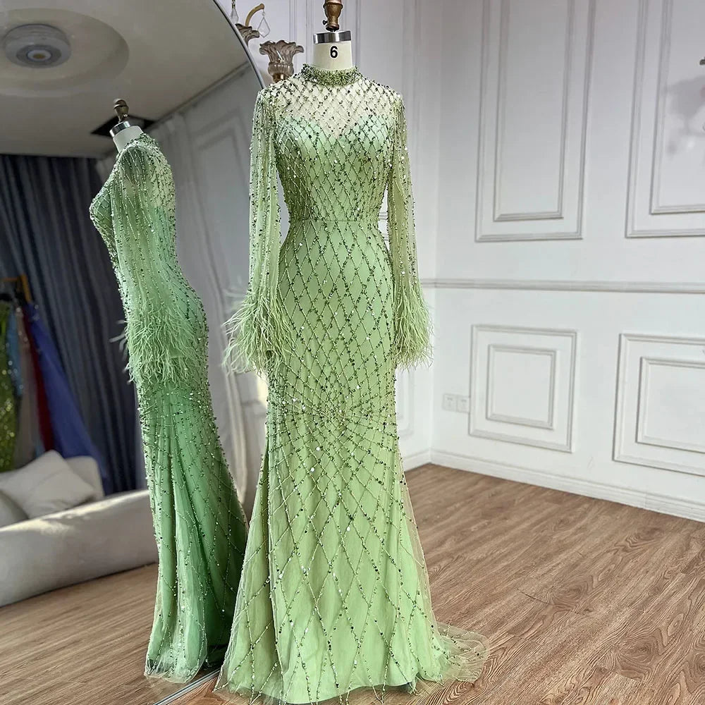 Custom Green Dubai Lace Gown With Beaded Feather Sleeves Formal Wear
