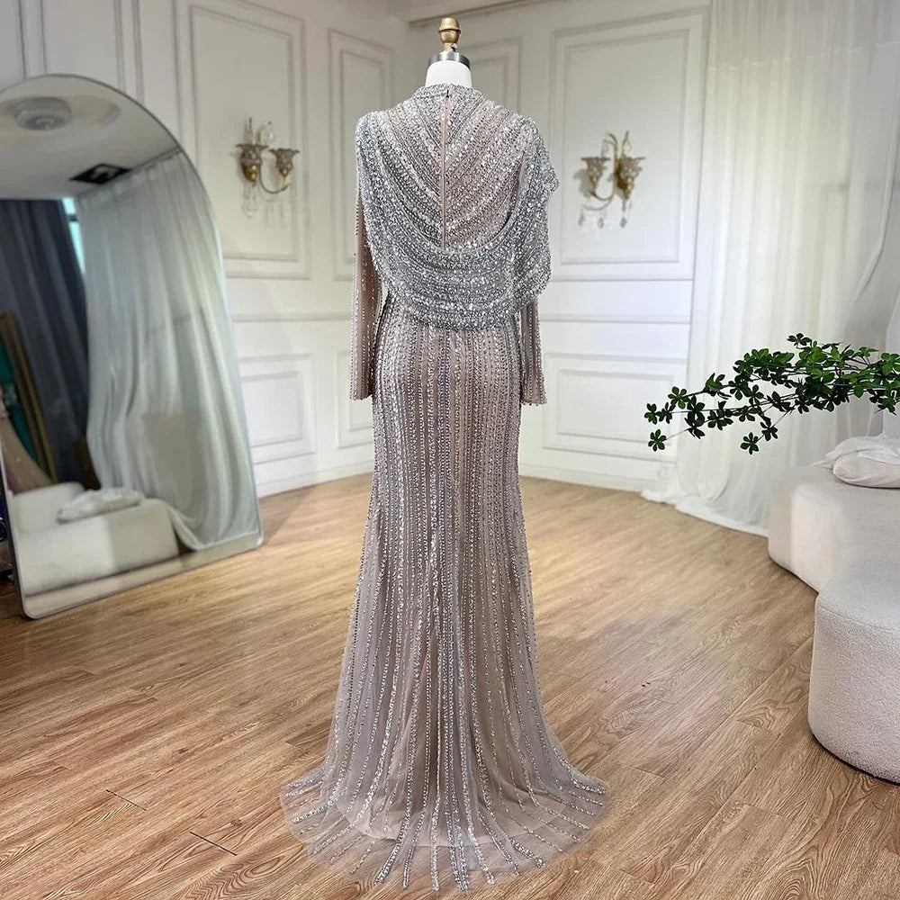 Elegant Mermaid Beaded Evening Gown Sparkle Silver Nude Custom Party Dress