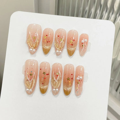 10 uñas postizas de ojo de gato brillantes, hechas a mano, pintadas a mano, doradas, con forma de cola de sirena y perla, uñas postizas almendradas para chicas dulces. 