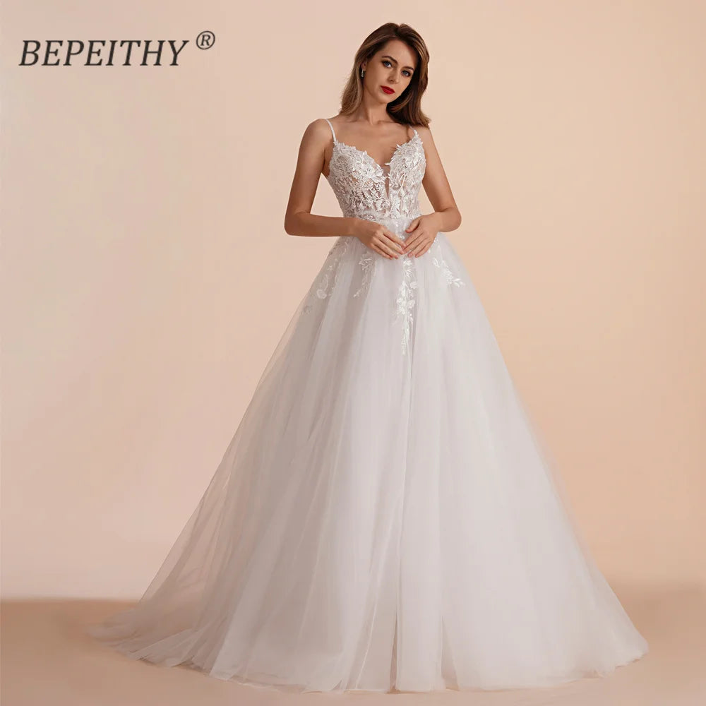 Customized Boho Ivory A Line Lace Wedding Dress Floor Length Bridal Gown