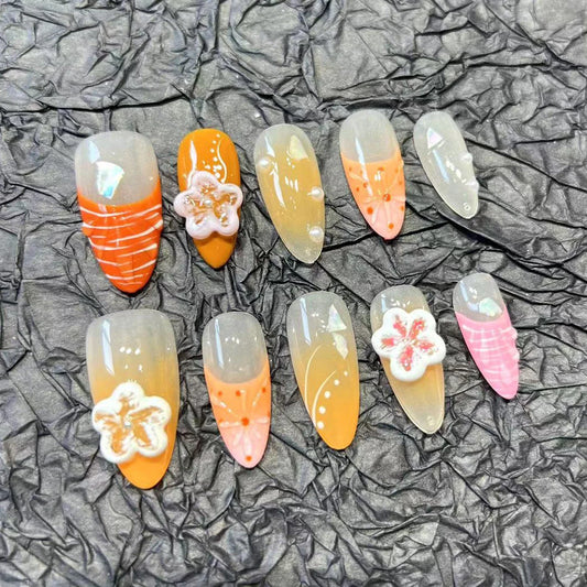 10 uñas postizas francesas hechas a mano, pintadas con almendras y flores 3D, decoración a presión, color naranja, para manicura de verano. 