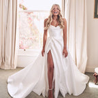 Custom Satin A Line Wedding Dress Appliqued Pleated Side Slit Sweetheart