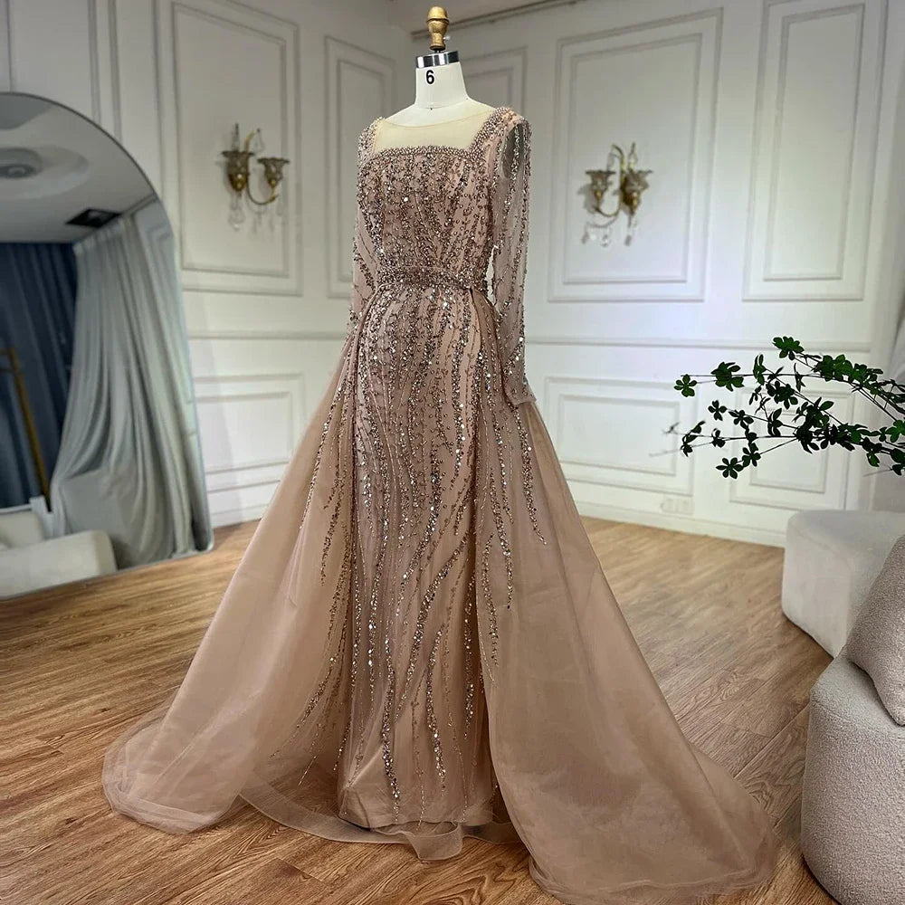 Serene Hill Wine Red Long Sleeve Mermaid Beaded Evening Dress For Women