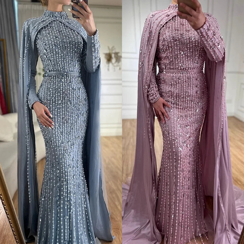 Pink Long Sleeve High Neck Mermaid Beaded Evening Gown With Cape For Women