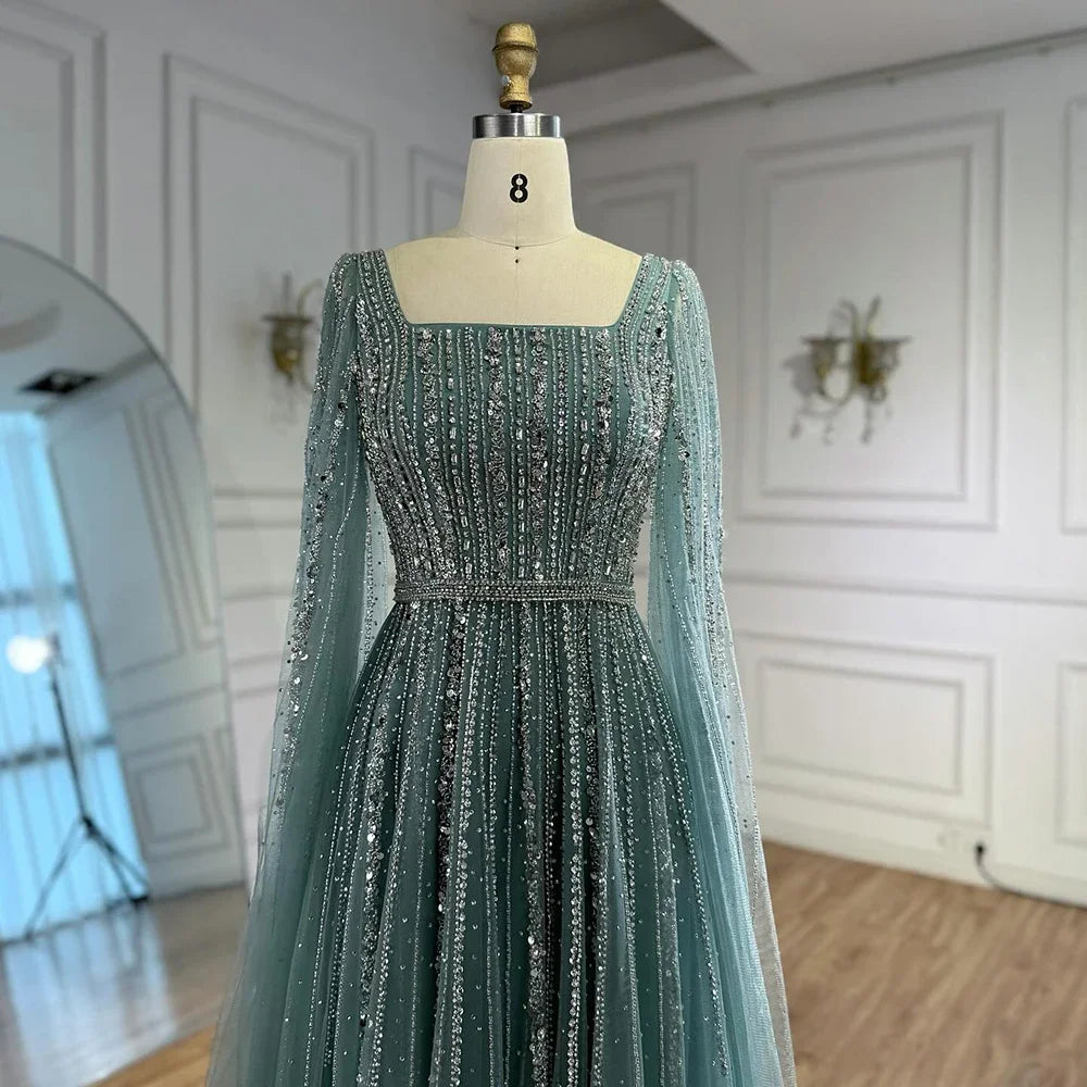 Women Turquoise Beaded Evening Gown Square Collar Cape Sleeves