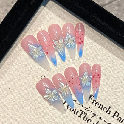 10 uñas postizas francesas hechas a mano, color naranja vitalidad, con diseño de flor de huevo tallada en 3D, largas, estilo ballet, para verano. 