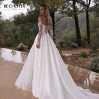 Customized Off The Shoulder A Line Wedding Dress Long Sleeve Appliques Gown