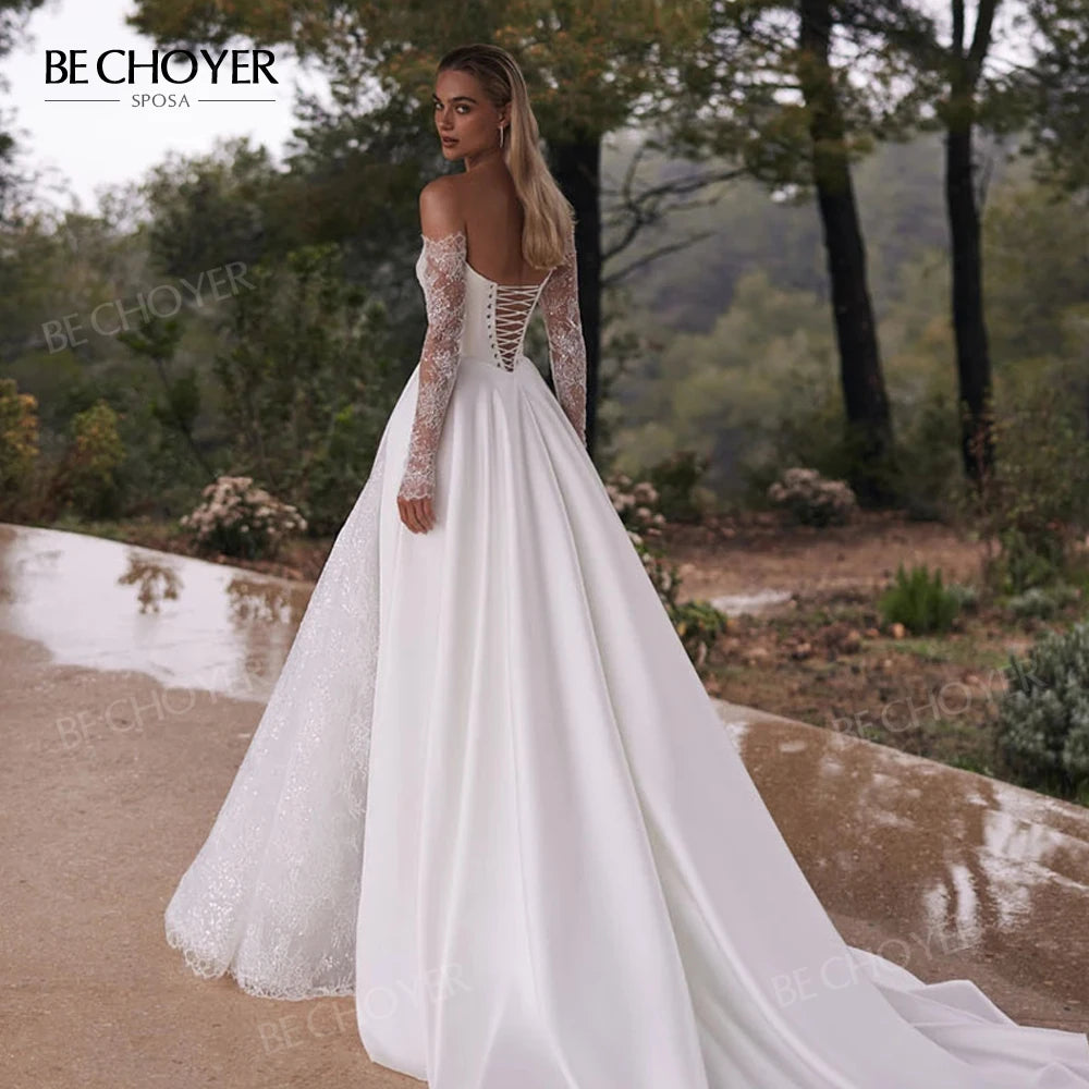 Customized Off The Shoulder A Line Wedding Dress Long Sleeve Appliques Gown