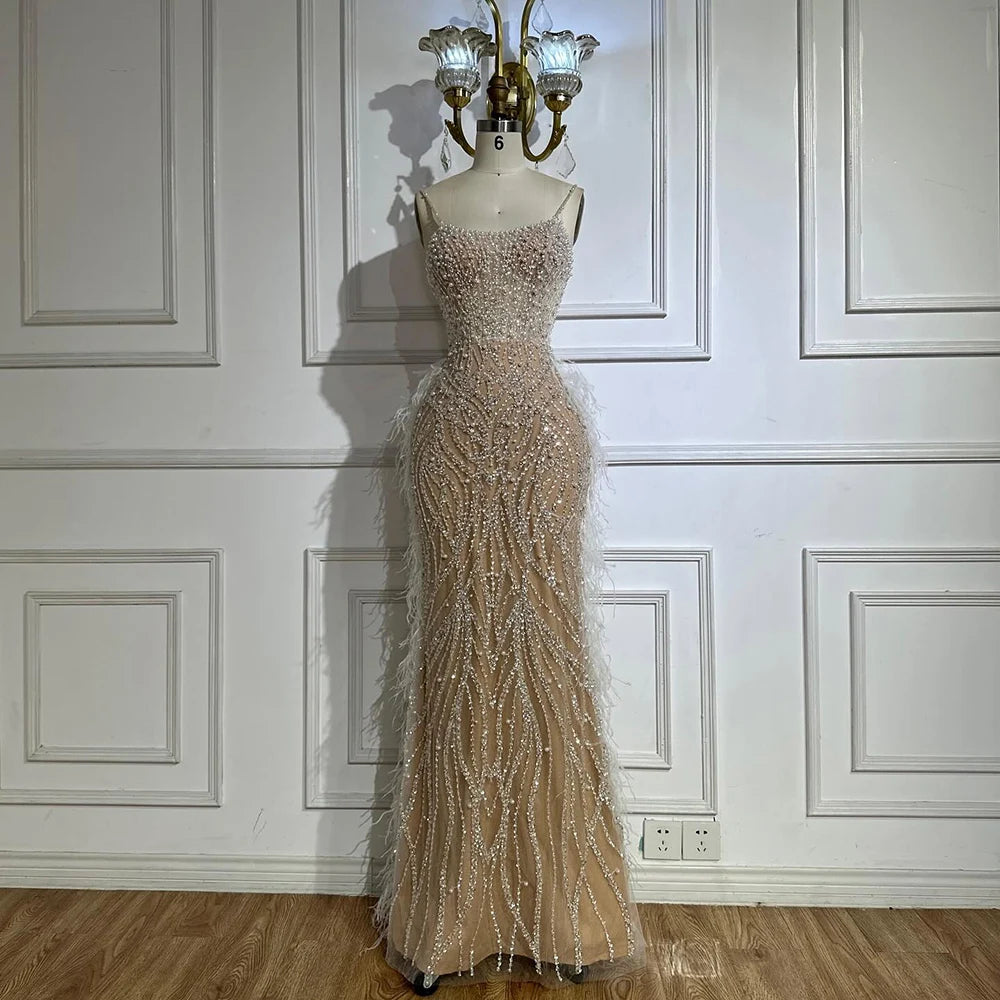 Serene Hill White Beaded Feathered Mermaid Evening Dress Custom Women