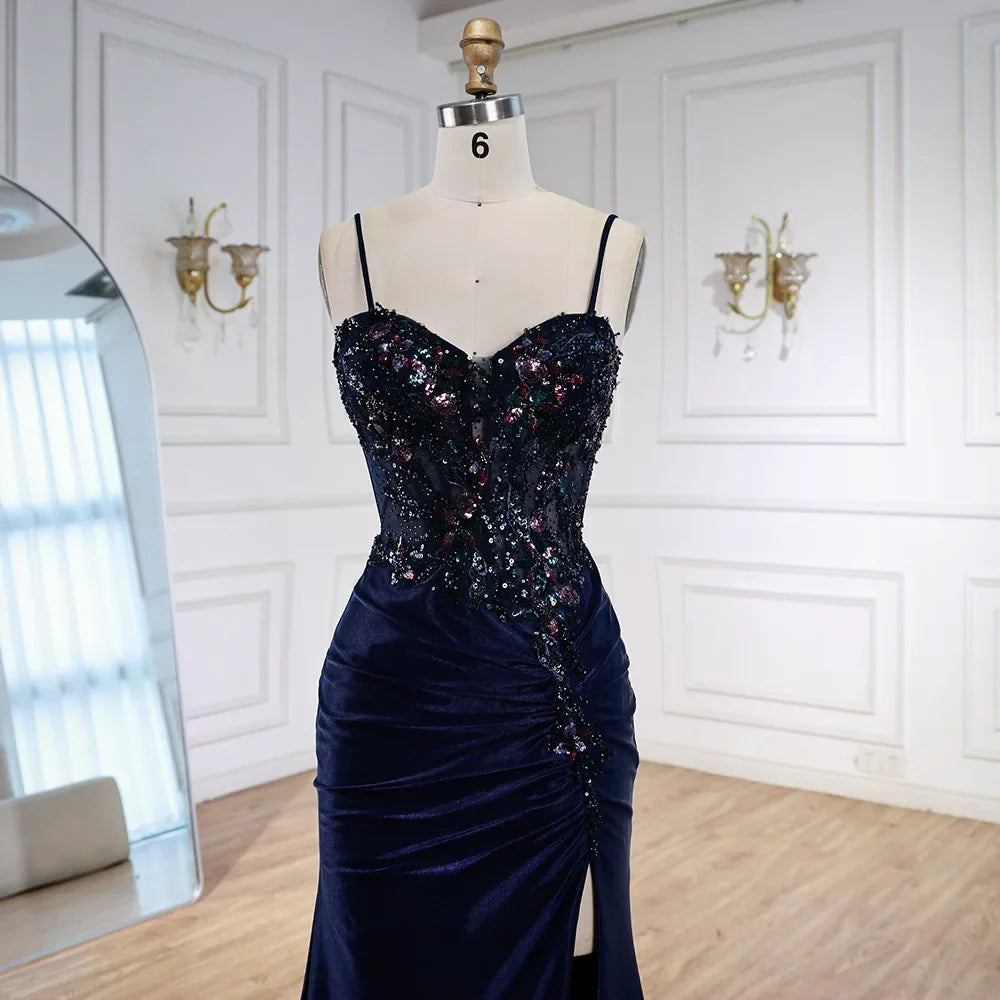 Classy Navy Satin Prom Dress with Lace Beaded and Slit LA73003