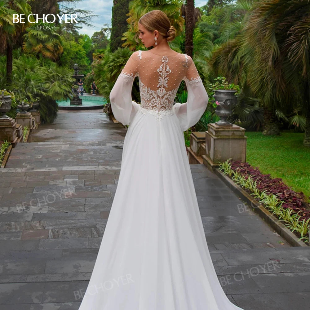 Long Sleeve A Line Wedding Dress With Beaded Appliques Plus Size Gown