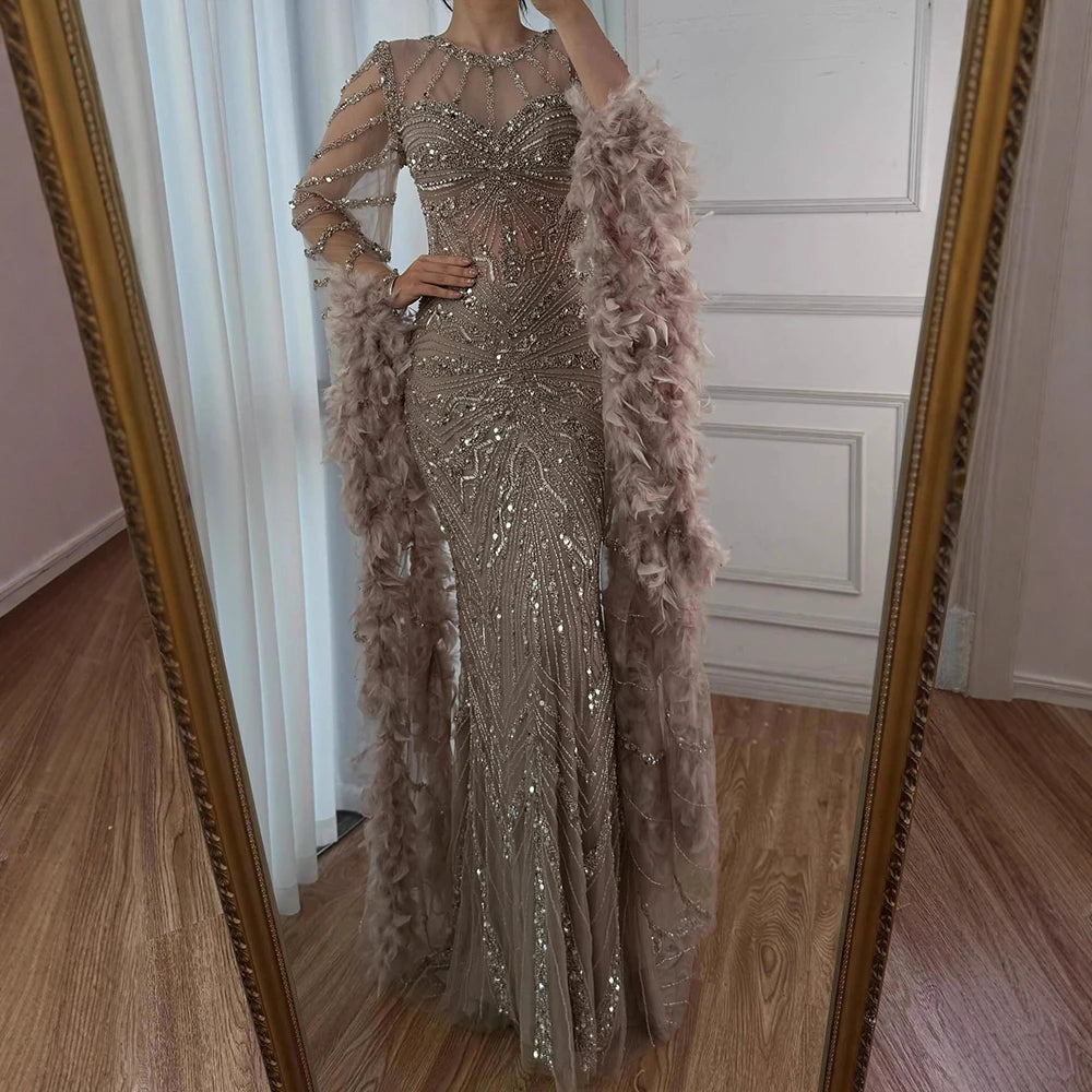 Pink Beaded Mermaid Evening Gown With Feathers Luxury Custom Dress