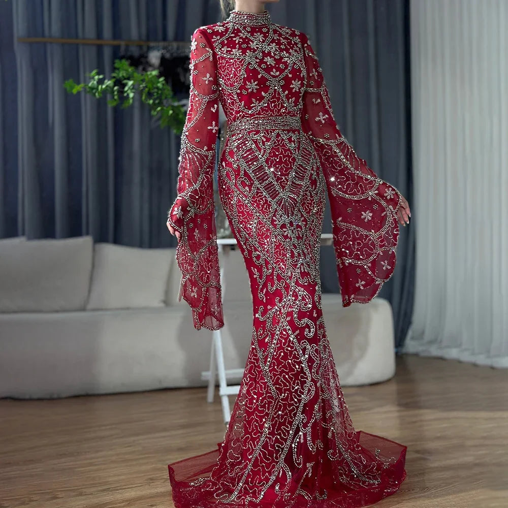 Customized Gray Mermaid Evening Dress With Cape Sleeve Beaded Gown