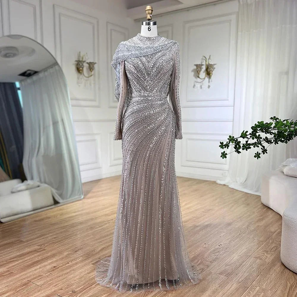 Elegant Mermaid Beaded Evening Gown Sparkle Silver Nude Custom Party Dress