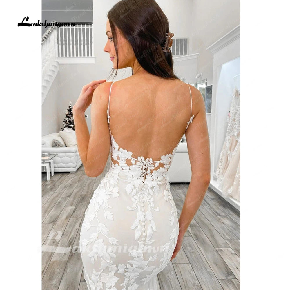 Custom Lace Mermaid Wedding Dress With Spaghetti Straps And Cut Out Train