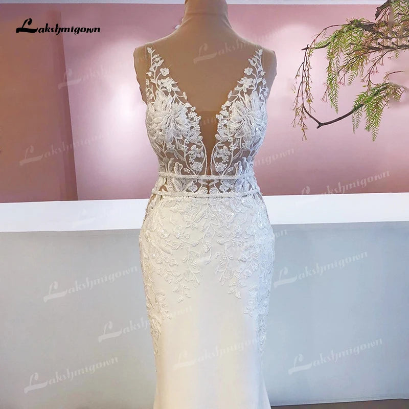 Custom Boho Lace Mermaid Wedding Dress With Romantic Satin Appliques