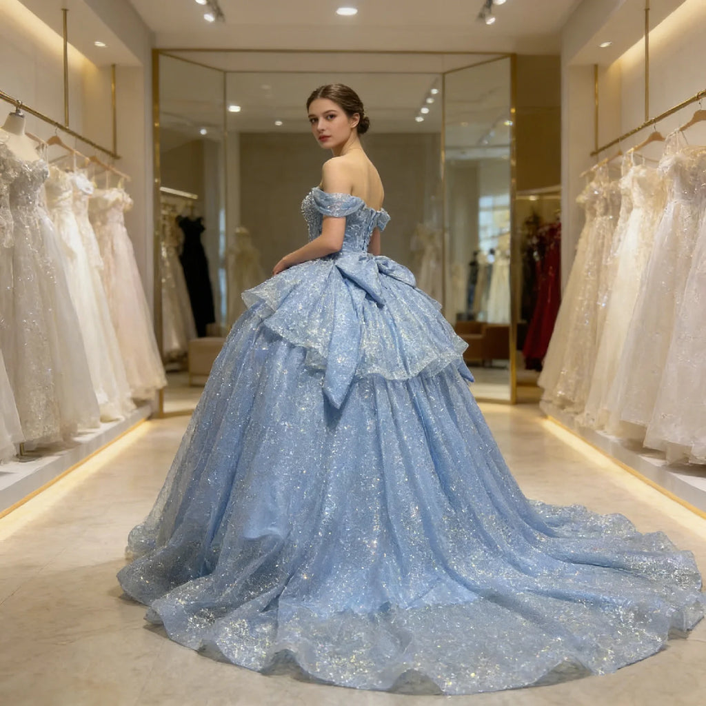 Echtes Bild Himmelblaues Kleid mit Kappenärmeln, Perlen, gestuftem Ballkleid aus Tüll, glänzend, Damen, Abschlussball, Festliche Anlässe, Quinceañera 15, Maßgeschneidert