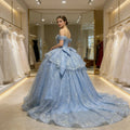 Echtes Bild Himmelblaues Kleid mit Kappenärmeln, Perlen, gestuftem Ballkleid aus Tüll, glänzend, Damen, Abschlussball, Festliche Anlässe, Quinceañera 15, Maßgeschneidert