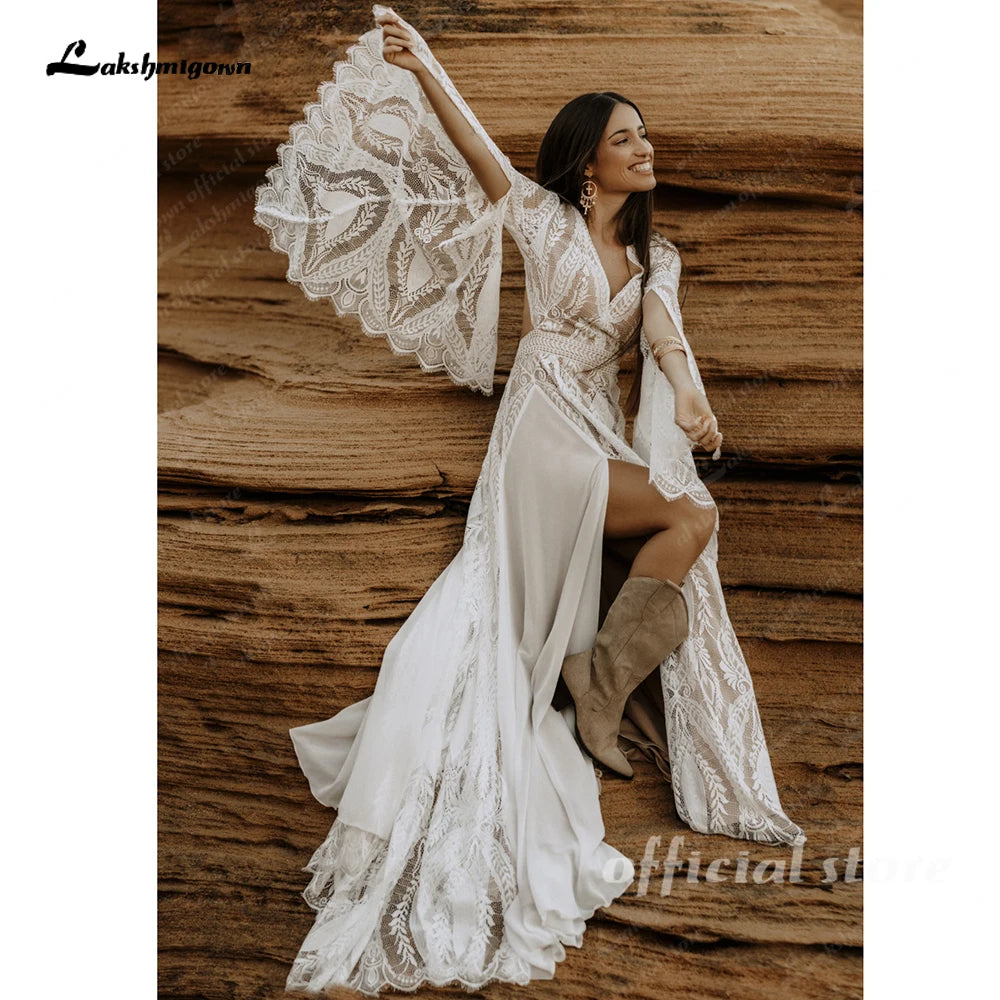 Bohemian A Line Wedding Dress With V Neck And Lace Chiffon Bridal Gown