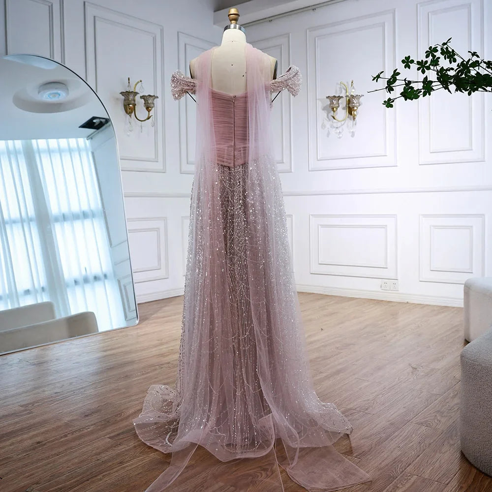 Vestido de Noite de Luxo com Pérolas Cor-de-Rosa Árabes Engastadas e Capa LA72922