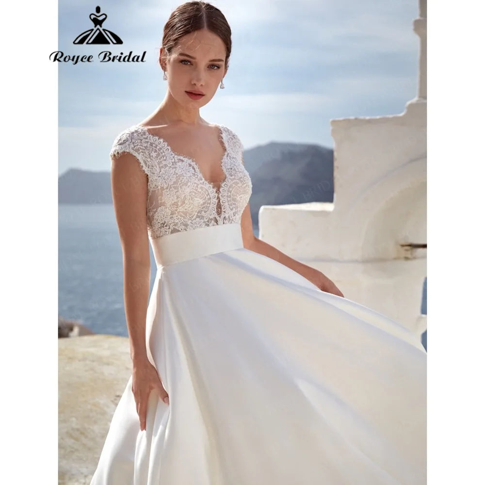 Roycebridal Custom Ballgown Wedding Dress V Neck Lace Illusion Chapel Train