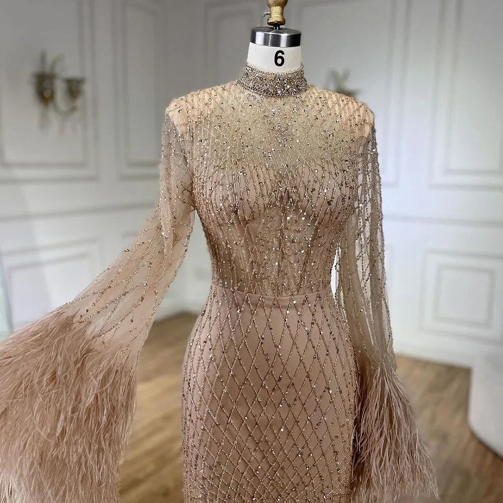 Nude High Neck Long Sleeves Feathers Mermaid Beaded Customized Evening Dress