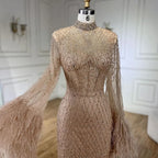Nude High Neck Long Sleeves Feathers Mermaid Beaded Customized Evening Dress