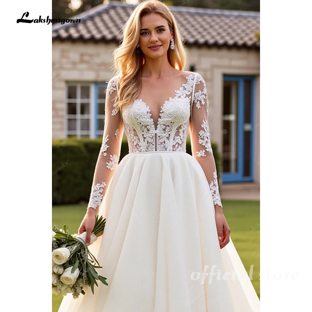 Custom Ivory Lace Appliqued A Line Wedding Dress With Train