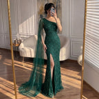 Serene Hill Custom Gold Beaded Mermaid One Shoulder Cape Sleeve Evening Dress