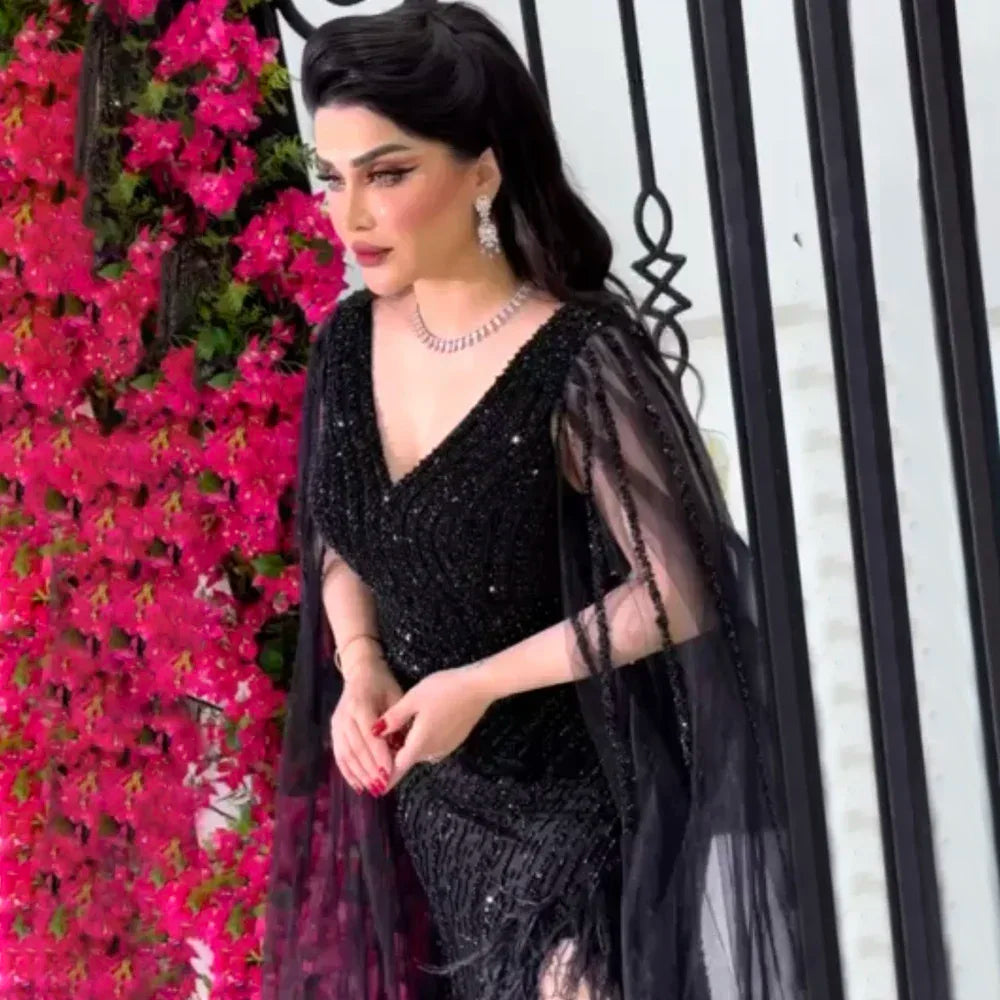 Custom Black Mermaid Evening Dress With Cape Sleeves And Beaded Feathers