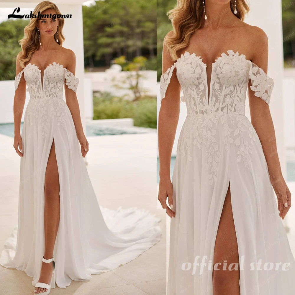 Lakshmigown Boho Beach Chiffon Wedding Dress Off Shoulder A Line Customized