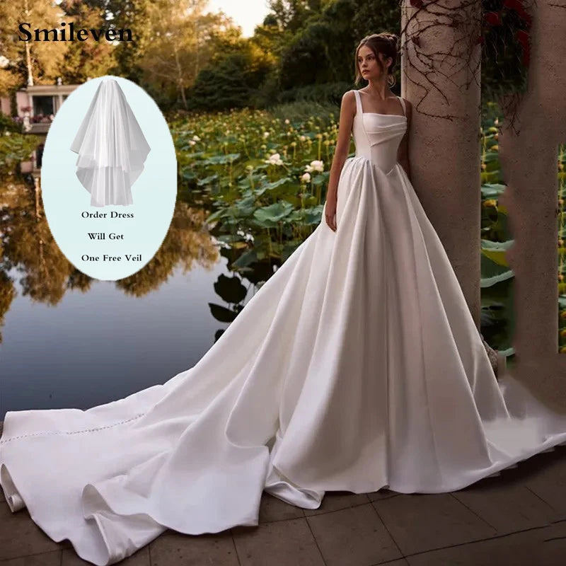 Custom Satin A Line Wedding Dress With Spaghetti Strap And Boat Neck