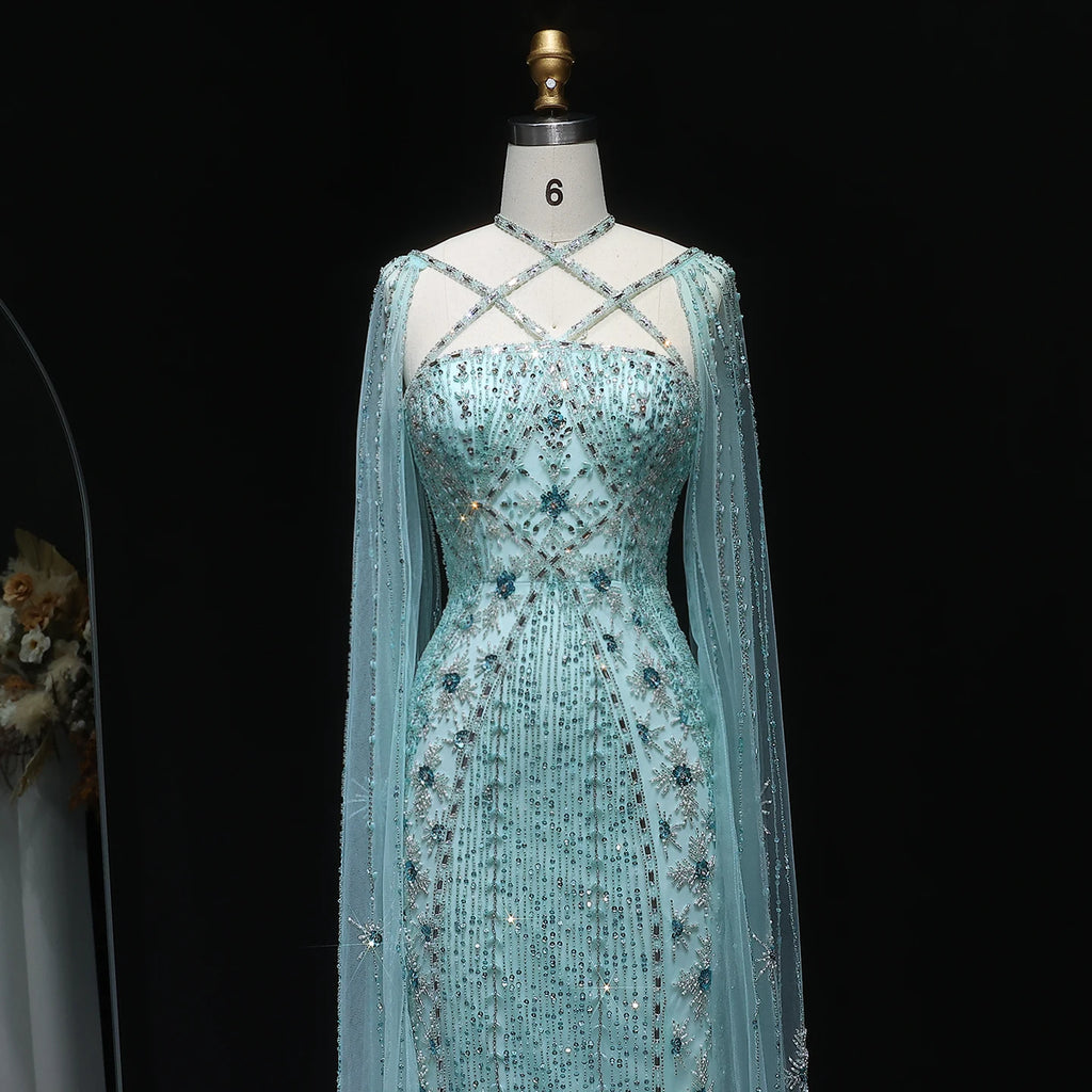 Sharon Said Luxus Dubai Aqua Flieder Meerjungfrau Abendkleid mit Umhangärmel und Überkreuzung Damen Hochzeitsfestkleid SS391 Maßgeschneidert