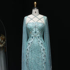 Sharon Said Luxus Dubai Aqua Flieder Meerjungfrau Abendkleid mit Umhangärmel und Überkreuzung Damen Hochzeitsfestkleid SS391 Maßgeschneidert