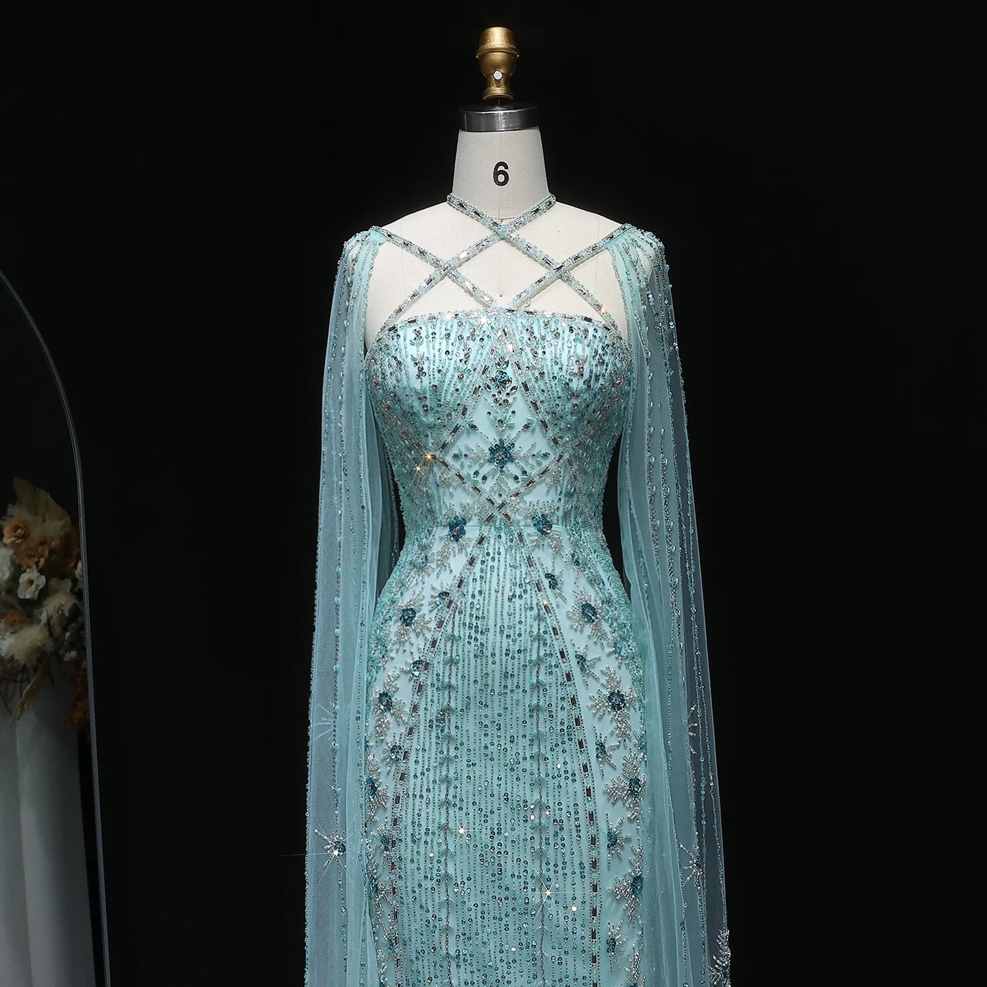 Sharon Said Luxus Dubai Aqua Flieder Meerjungfrau Abendkleid mit Umhangärmel und Überkreuzung Damen Hochzeitsfestkleid SS391 Maßgeschneidert