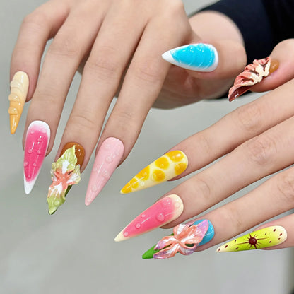 10 uñas postizas de flores tropicales hechas a mano, coloridas, para el día de verano, con dopamina, largas, de aguja, con manicura fresca y dulce. 