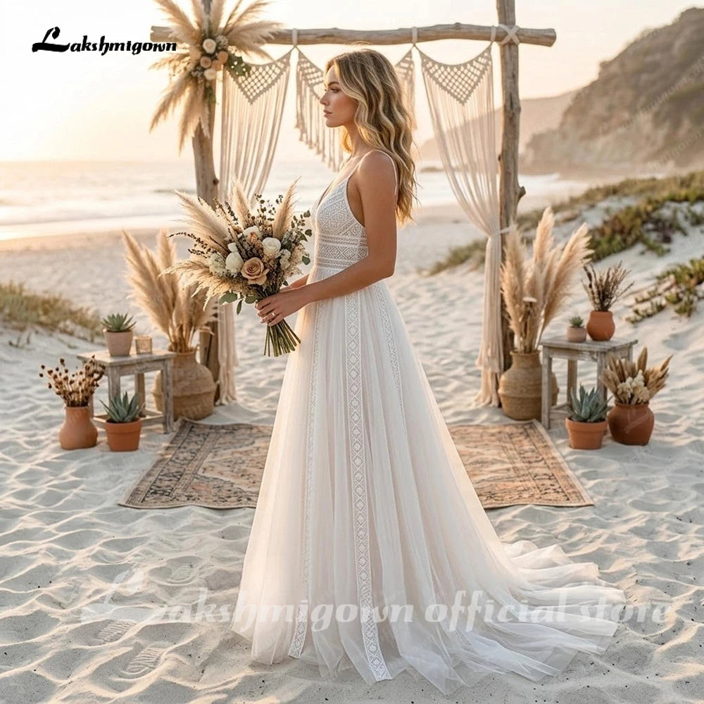 Custom Lace V Neck Boho Spaghetti Strap Beach Wedding Gown