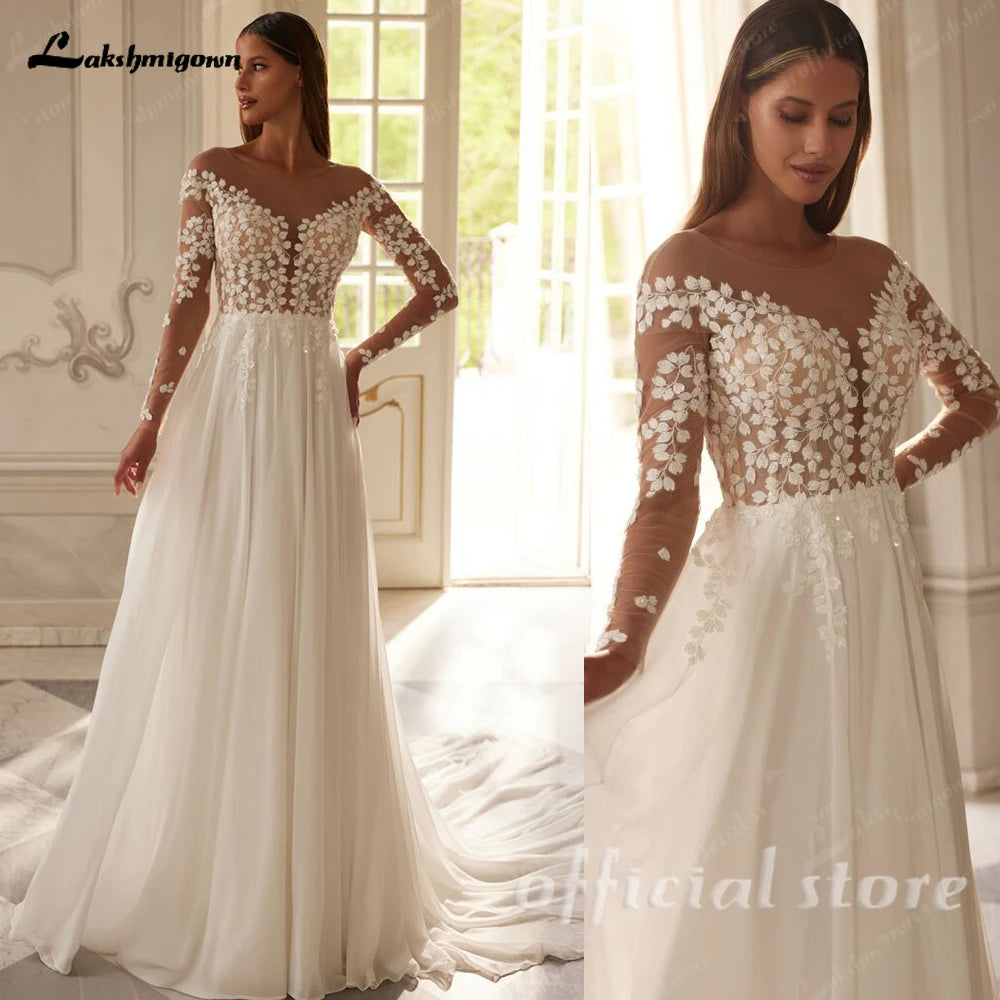 Custom Boho Chiffon Bridal Gown For Women Long Sleeves V Neck Beach Dress