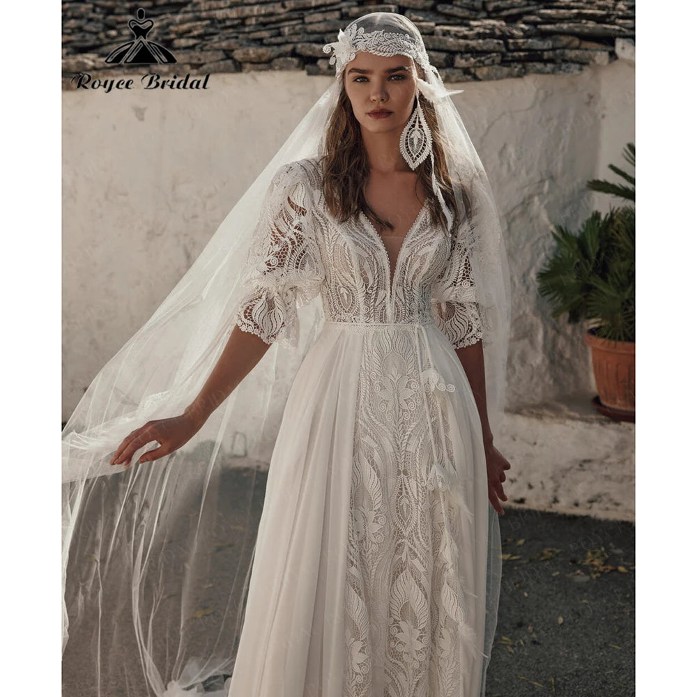 Custom Bohemian Lace A Line Wedding Dress Puff Sleeves Pockets Bridal Gown