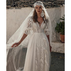 Custom Bohemian Lace A Line Wedding Dress Puff Sleeves Pockets Bridal Gown