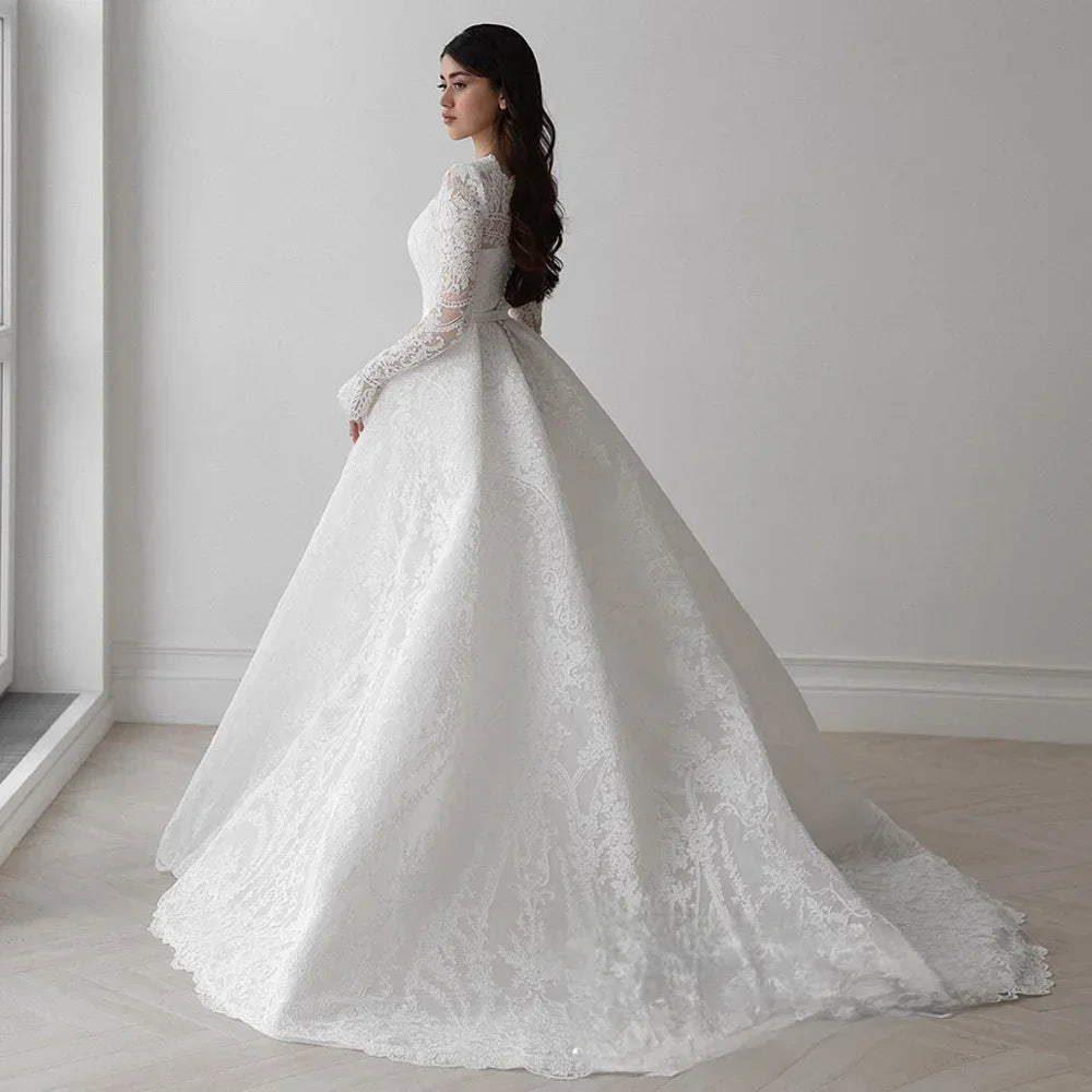 Customized Lace Wedding Dress With Long Sleeves And Square Neck Bridal Gown