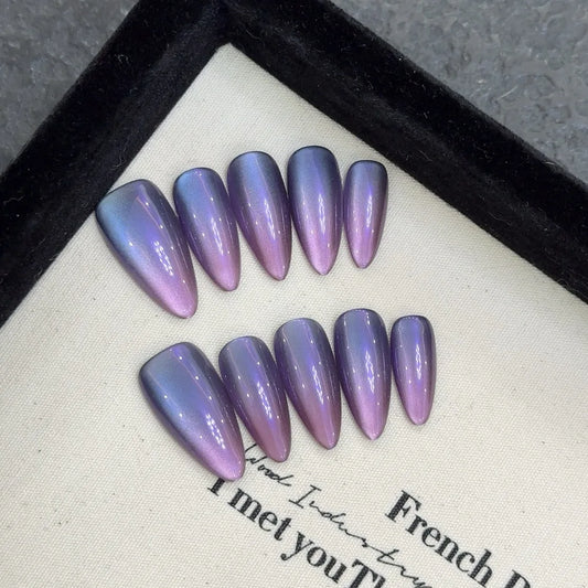 10 uñas postizas brillantes de ojo de gato, color morado nude, almendra, hechas a mano, para uso diario, para fiestas, manicura para mujer. 