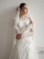 Luxury Custom A Line Wedding Dress Long Sleeve Lace Applique Chapel Train