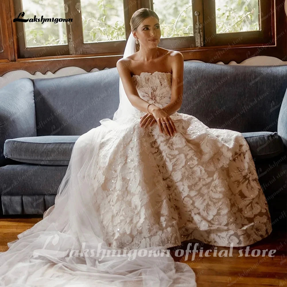 Lakshmigown Floral Lace A Line Strapless Custom Wedding Dress