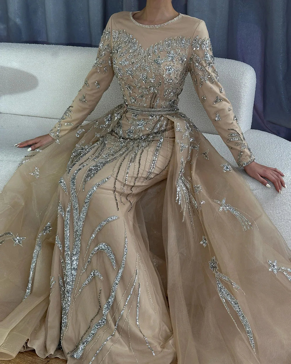Serene Hill Customized Nude Long Sleeve Mermaid Beaded Muslim Evening Dress
