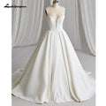 Customized Off Shoulder Crepe Satin A Line Floor Length Wedding Dress